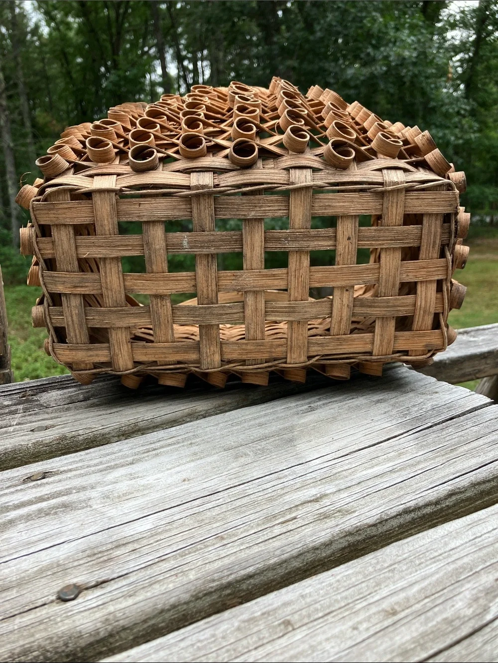 Mid 20th-Century Ash Splint Curly Weave Basket Porcupine Maine
